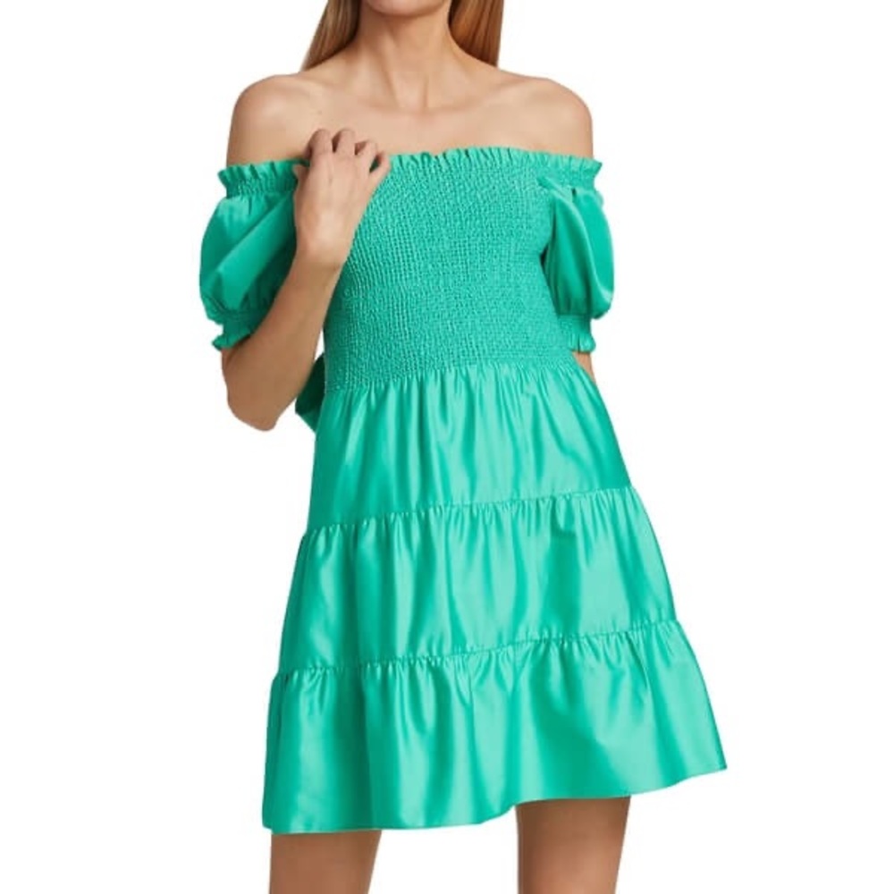NWT Alice+Olivia Elizabeth Green Off The Shoulder Bow Back Dress Size 8